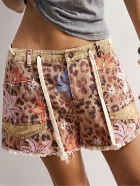 🎯🎯🎯BOGOHO🎯🎯🎯Leopard Floral Drawstring Women's Shorts-XL